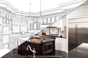 diagonal split screen of drawing and photo of new kitchen