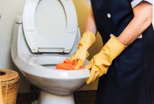 housekeeper cleaning a hotel room toilet